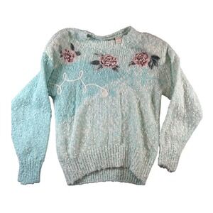 Vintage Needles & Yarn Aqua Blue White Speckled Embroidere Sweater Womens size M